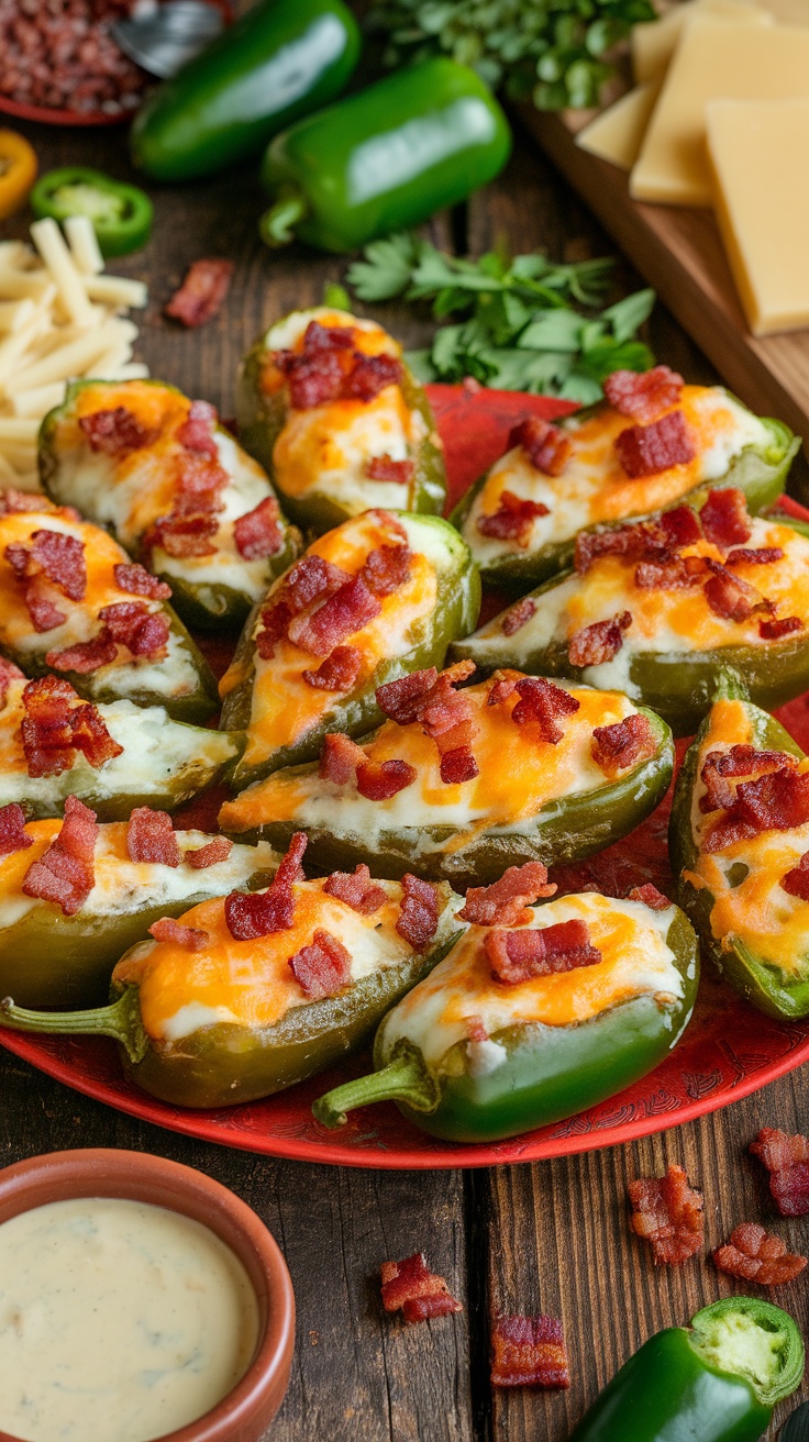A delicious platter of spicy Stuffed Jalapeño Poppers with melted cheese and bacon, perfect for game day.